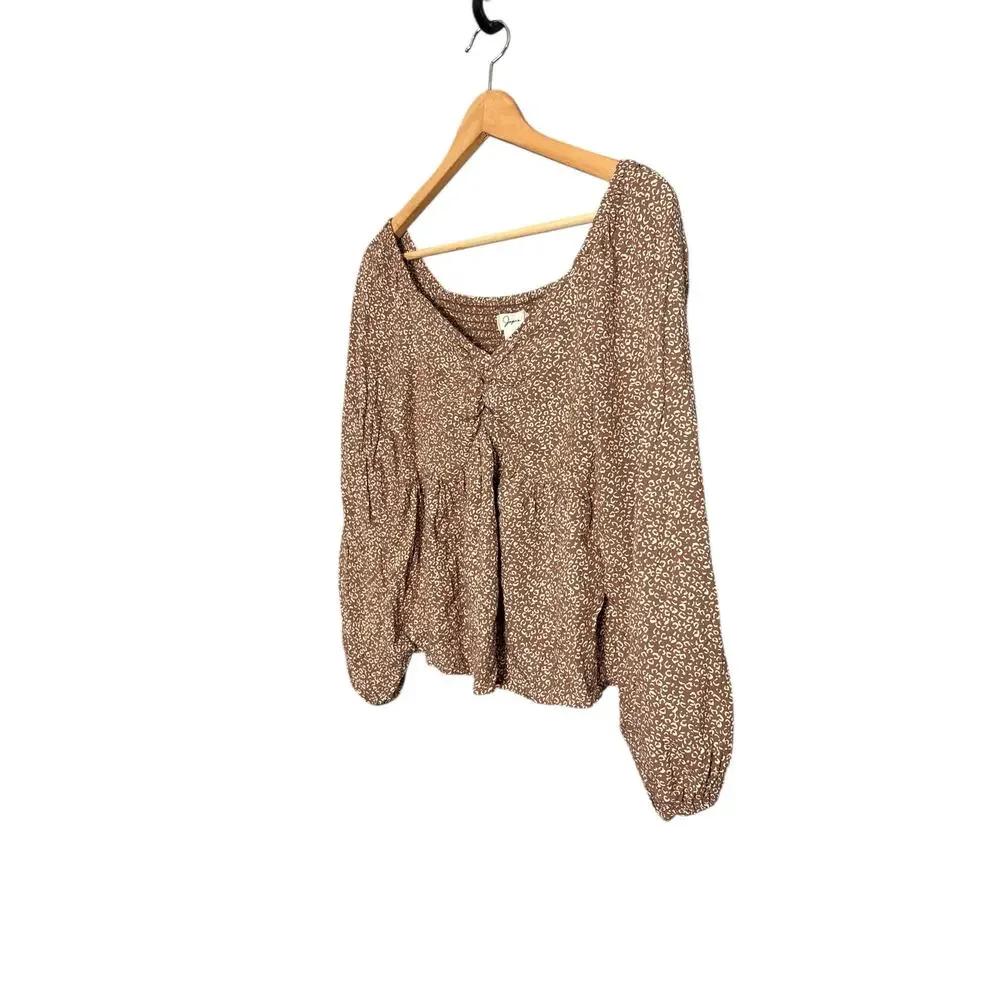 Japna Boho Brown Floral‎ Smocked Peplum Blouse S - Picture 2 of 4